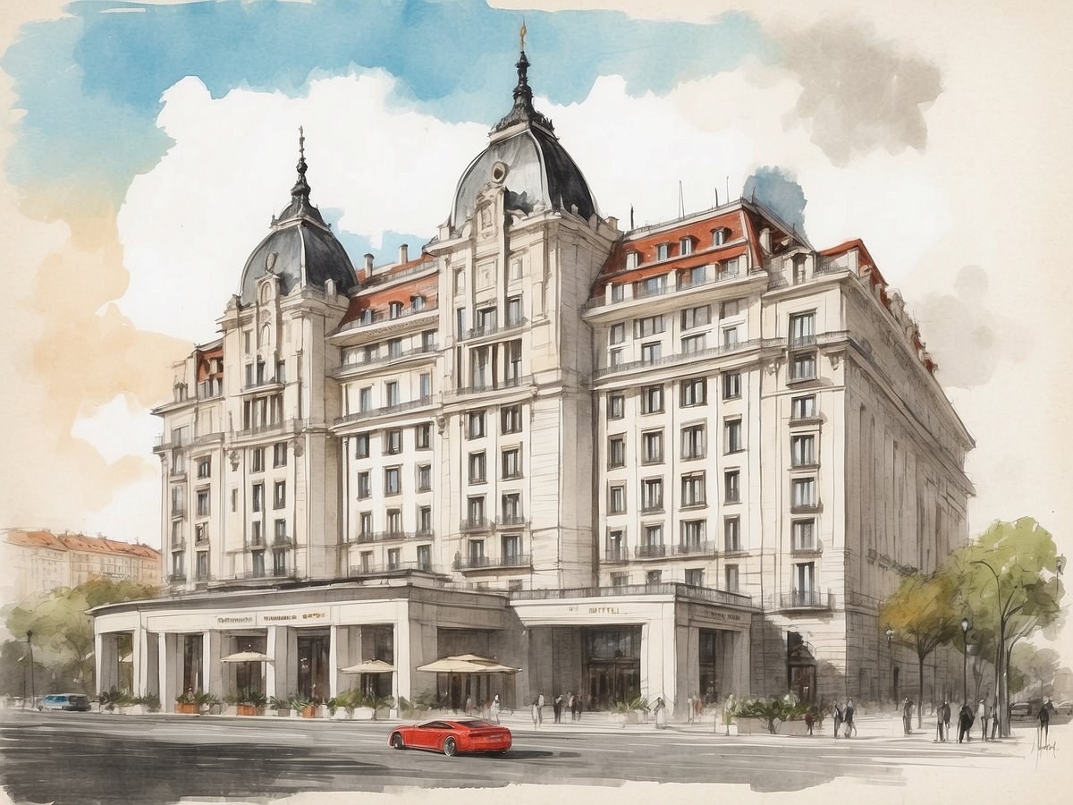 Das Bild zeigt das NH Hotels Madrid Nacional in Spanien. Es ist eine beeindruckende historische Gebäudeansicht mit einer eleganten Fassade und charakteristischen Türmen. Im Vordergrund sind Menschen zu sehen, die vorbeigehen, sowie einige Tische mit Sonnenschirmen, die zum Verweilen einladen. Ein rotes Auto parkt in der Nähe und im Hintergrund sind weitere städtische Elemente sowie Bäume sichtbar. Der Himmel ist hell und bietet einen schönen Kontrast zur Architektur des Hotels.