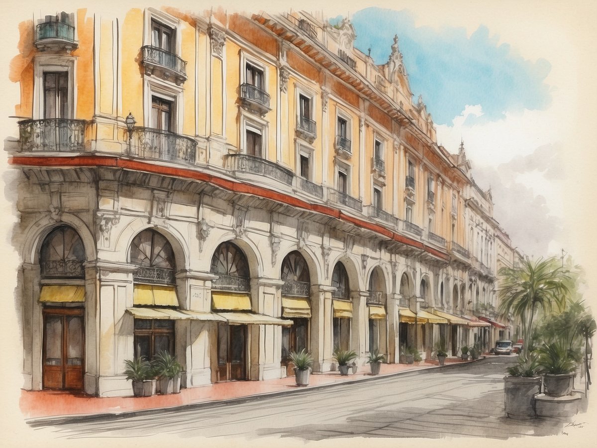 Das Bild zeigt die elegante Fassade des NH Hotels Madrid Paseo De La Habana in Spanien. Die Architektur ist geprägt von klassizistischen Elementen, großen Bogenfenstern und filigranen Balkonen. Unter dem überdachten Bereich sind gelbe Sonnenschirme zu sehen, die vor den Fenstern der Erdgeschosszonen aufgestellt sind. Vor dem Hotel befinden sich grüne Pflanzen in dekorativen Töpfen, und die Straße vor dem Gebäude ist ruhig, mit wenigen Fahrzeugen. Der Himmel im Hintergrund ist hell und klar, was das ansprechende Ambiente des Hotels unterstreicht.