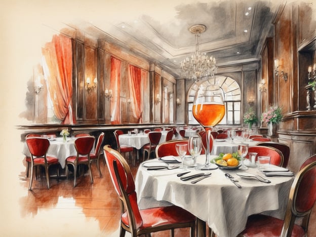 Auf dem Bild ist ein elegantes Restaurant zu sehen, das mit roten Stühlen und Tischen ausgestattet ist. Der Raum hat eine festliche Atmosphäre, verstärkt durch die Fenster und Kronleuchter. In der Mitte des Tisches steht ein großer, dekorativer Cocktail, der an einem besonderen Anlass erinnert. Die Bar scheint in der Nähe, ideal für das Servieren von Getränken. Blumen und Früchte ergänzen die ansprechende Tischdekoration.