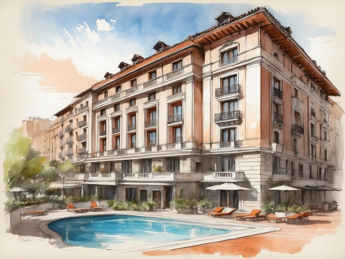 Das Bild zeigt eine künstlerische Darstellung des NH Hotels Madrid Principe de Vergara in Spanien. Im Vordergrund befindet sich ein blauer Pool, umgeben von Liegen und Sonnenschirmen. Das Hotelgebäude ist im eleganten, klassischen Stil mit verzierten Fenstern und einem Dach aus Ziegeln gestaltet. Die Umgebung wirkt grüner, mit Bäumen und Sträuchern, die dem Gesamtbild eine einladende Atmosphäre verleihen. Der Himmel ist in sanften Blau- und Orangetönen gehalten, was dem Bild eine angenehme Lichtstimmung verleiht.