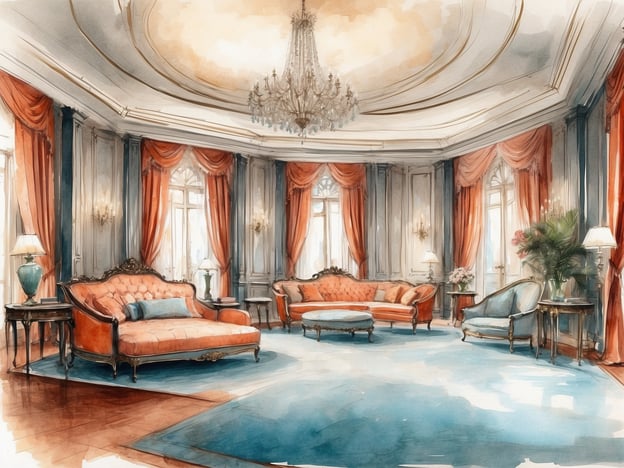 Auf dem Bild ist ein eleganter Salon zu sehen, der mit Opulenz und stilvollem Design gestaltet ist. Die Kombination aus blauen und orangenen Farbtönen, die luxuriösen Sofas und der kunstvolle Kronleuchter schaffen eine einladende Atmosphäre. Dieser Stil könnte gut zu den Räumlichkeiten im NH Hotel Avani Royal Zona T passen, wo man ebenfalls hochwertigen Komfort und geschmackvolle Einrichtung erwarten kann. Die Suiten in diesem Hotel bieten sicherlich ähnliche Eleganz und Raffinesse, ideal für entspannte Aufenthalte.