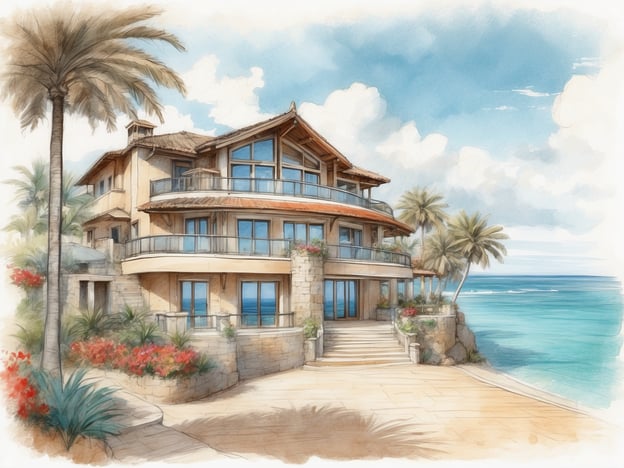 Auf dem Bild ist eine beeindruckende Villa zu sehen, die direkt am Meer liegt. Die Unterkunft ist von Palmen und blühenden Pflanzen umgeben, die eine tropische Atmosphäre schaffen. Die Fassade der Villa ist vermutlich mit großen Fenstern ausgestattet, die einen wunderschönen Blick auf den Ozean bieten. 

Die möglichen Zimmeroptionen könnten luxuriöse Suiten mit Meerblick, Terrassen oder Balkone für entspannende Abende und moderne Annehmlichkeiten umfassen. Es könnte auch Bereiche für die Unterhaltung oder den Aufenthalt im Freien geben, um das Ambiente dieser erstklassigen Unterkunft zu genießen.