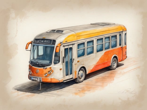 Auf dem Bild ist ein Bus zu sehen, der in hellen Farben, hauptsächlich Weiß und Orange, gestaltet ist. Die Darstellung wirkt wie eine Aquarellzeichnung und zeigt den Bus von der Seite und leicht von oben. 

In Bezug auf die Ausstattung der NH Hotels könnte man sagen, dass diese oft modernen Komfort und einladendes Design bieten. Ähnlich könnte man sich diesen Bus als ein transportierendes Element vorstellen, das auch eine angenehme Reiseerfahrung ermöglicht. Die Verbindung zwischen Mobilität und Gastfreundschaft steht dabei im Vordergrund.