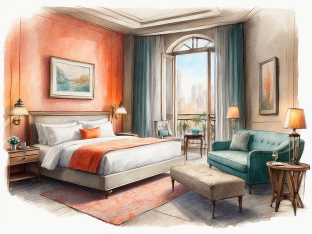 Auf dem Bild ist ein elegantes Hotelzimmer zu sehen. Es verfügt über ein großes Doppelbett mit weißen Bettwäsche und einem orangefarbenen Akzentkissen. Neben dem Bett stehen Nachttische mit kleinen Lampen und einem Blumenelement. Der Raum hat große Fenster mit Blick auf eine Stadtansicht, die durch leichte Vorhänge gefiltert wird. 

Zusätzlich gibt es eine gemütliche Sitzecke mit einem blauen Sofa und einem passenden Ottoman, sowie einem kleinen Holztisch. Die Wände sind in einem warmen Orangeton gestrichen und mit Kunstwerken dekoriert. Insgesamt strahlt das Zimmer eine einladende und stilvolle Atmosphäre aus.