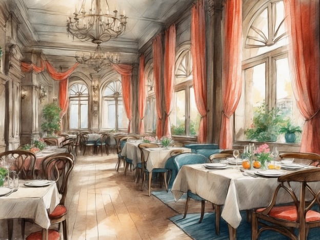 Auf dem Bild ist ein elegantes Restaurant zu sehen, das eine helle, großzügige Atmosphäre mit großen Fenstern und geschmackvoller Einrichtung bietet. Im NH Hotel Amsterdam Museum Quarter gibt es ähnliche Gastronomieangebote. Dort können Gäste ein köstliches Frühstücksbuffet genießen, das lokale und internationale Spezialitäten umfasst. Außerdem werden im hoteleigenen Restaurant raffinierte Gerichte serviert, die saisonale und frische Zutaten verwenden. Entspannung bei einem Drink an der Hotelbar rundet das kulinarische Erlebnis ab.