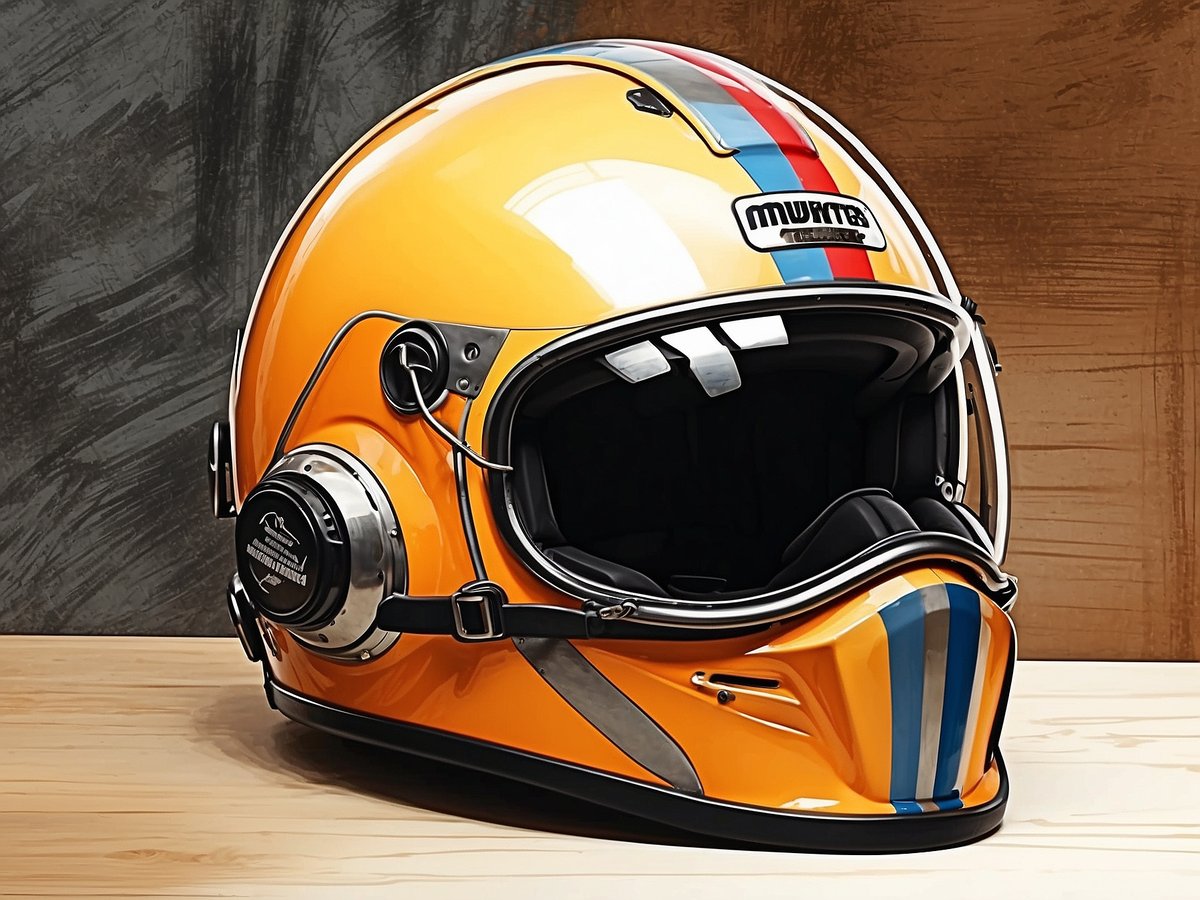 Ein eindrucksvoller Helm in leuchtendem Orange mit blauen und roten Streifen ist auf einem Holzuntergrund platziert. Der Helm besitzt ein modernes Design mit geschwungenen Linien und einer schicken, aerodynamischen Form. Für Langstrecken-Mountainbiking ist es wichtig, einen gut sitzenden Helm zu wählen, der ausreichend Belüftung bietet und die Sicherheit erhöht. Außerdem sollten Sonnenbrillen oder -visiere getragen werden, um die Augen zu schützen, sowie leichtes, atmungsaktives Outfit und bequemes Schuhwerk, um die Fahrt zu optimieren.