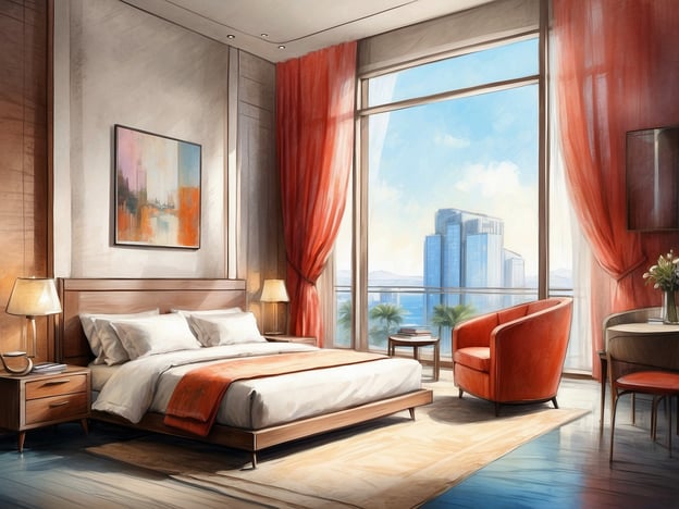 Auf dem Bild ist ein elegantes Schlafzimmer zu sehen. Es hat große Fenster mit Blick auf eine moderne Stadtlandschaft und bietet eine helle, freundliche Atmosphäre. 

In Bezug auf die Zimmer und Annehmlichkeiten bei NH Hotels Antofagasta könnte man sagen, dass die Zimmer modern und komfortabel eingerichtet sind. Sie verfügen über hochwertige Betten, gemütliche Sitzgelegenheiten und großzügige Fenster, die viel Tageslicht hereinlassen. Zu den Annehmlichkeiten gehören oft auch kostenfreies WLAN, Klimaanlage, sowie Zimmerservice und ein Fitnessbereich. Das Design ist typischerweise stilvoll und bietet den Gästen ein angenehmes Ambiente während ihres Aufenthalts.