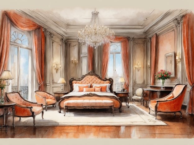 Auf dem Bild ist ein elegantes Zimmer zu sehen, das als Suite gestaltet ist. Die Suite ist reich dekoriert mit einem großen, gepolsterten Bett in der Mitte und stilvollen Möbeln, darunter armlehnenlose Sessel und ein Holztisch. Die Wände sind hell gestrichen und mit kunstvollen Verzierungen gestaltet. Große Fenster lassen viel Licht herein und bieten einen Blick nach draußen. Die Verwendung von warmen Farben und luxuriösen Materialien vermittelt ein Gefühl von Komfort und Eleganz. Zudem sind Lampen und Blumenarrangements hinzugefügt, die zur gemütlichen Atmosphäre beitragen.