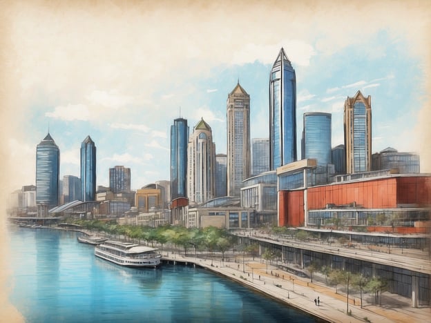 Auf dem Bild ist eine zeichnerische Darstellung einer modernen Stadtansicht mit Hochhäusern und einer Wasserstraße zu sehen. Die Architektur erinnert an große Städte wie Atlanta oder Rotterdam. In Atlanta liegt das NH Collection Atlanta Perimeter, das sich in der Nähe von Einkaufs- und Geschäftszentren befindet. Rotterdam hat das NH Rotterdam, das direkt im Stadtzentrum gelegen ist und einen Blick auf den modernen Hafen bietet. Solche städtischen Szenerien könnten an beiden Orten zu finden sein, jedoch ist der spezifische Standort im Bild nicht eindeutig zu identifizieren.