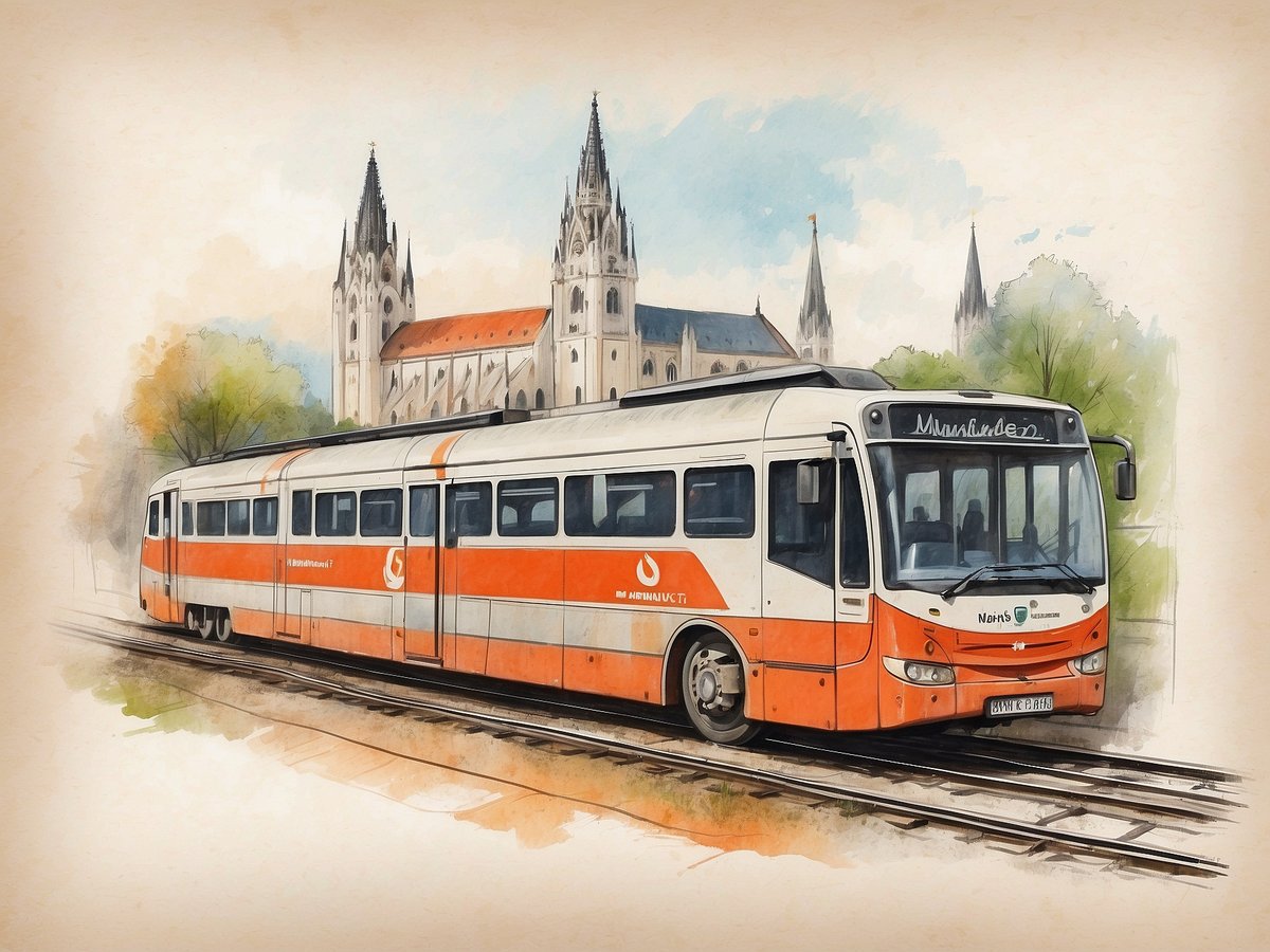 Ein orangefarbener Straßenbahnwagen ist auf einem Gleis zu sehen, während im Hintergrund historische Gebäude mit hohen Türmen und Ziegelspitzen sichtbar sind. Die Szene vermittelt eine malerische Atmosphäre und zeigt die elegante Verbindung von moderner Verkehrstechnik mit traditioneller Architektur in einer städtischen Umgebung.