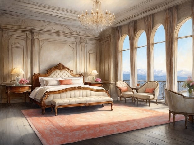 Auf dem Bild ist ein elegantes Zimmer zu sehen, das wie eine Suite eingerichtet ist. Es enthält ein großes, opulentes Bett mit einer schönen Kopfteilgestaltung, eine elegante Bank am Fußende und zwei komfortable Sessel neben einem kleinen Tisch. Die Wände sind geschmackvoll dekoriert, und große Fenster lassen viel Tageslicht herein, was einen Blick auf die Landschaft ermöglicht. Ein luxuriöser Kronleuchter rundet das stilvolle Ambiente ab.