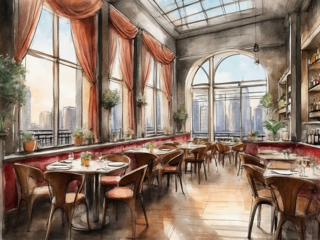 Auf dem Bild ist ein stilvolles Restaurant zu sehen. Es hat große Fenster, die viel Licht hereinlassen und einen Blick auf die Stadt bieten. Die Einrichtung ist elegant, mit rot gefärbten Wänden und Holzstühlen. Auf den Tischen sind Gedecke und Getränke platziert, was auf eine einladende Atmosphäre hinweist. Das Restaurant wirkt modern und gemütlich, ideal für ein feines Essen oder einen entspannten Abend in einer Bar.