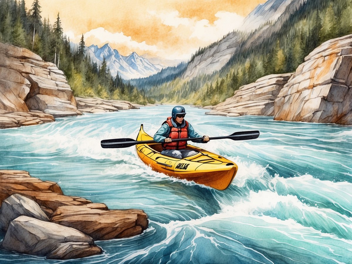 Ein Kajakfahrer navigiert geschickt durch eine reißende Wildwasserströmung. Der Fahrer sitzt in einem gelben Kajak, trägt eine Schwimmweste und einen Helm und steuert mit einem Doppelpaddel. Im Hintergrund sind majestätische Berge und dichte Waldflächen zu sehen, während die Wellen des Wasserbergs spritzen. Felsen ragen aus dem Wasser und unterstreichen die Herausforderung der Strecke. Der Himmel ist in warmen Farbtönen gehalten, was eine malerische Kulisse schafft.