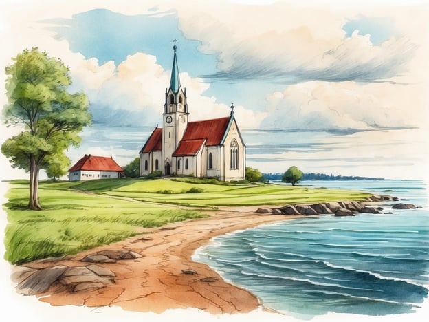 Auf dem Bild sieht man eine malerische Kirche, die von einer grünen Wiese umgeben ist und in der Nähe des Wassers steht. Dies könnte eine Szene auf der Insel Poel in Deutschland sein. Poel ist bekannt für seine schönen Strände, die ideal zum Baden und Sonnen sind, sowie für die Möglichkeit, Wassersportarten wie Segeln und Kitesurfen auszuüben. 

Die kleine Kirche könnte mit dem historischen Dorf Poel oder den umliegenden Küstenlandschaften verbunden sein, die oft von Radfahrern und Wanderern erkundet werden. Die örtliche Natur, einschließlich der Wiesen und Küstenlinien, bietet malerische Ausblicke und eignet sich hervorragend für entspannte Spaziergänge.