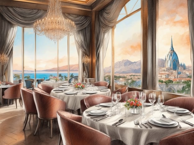 Auf dem Bild ist ein elegantes Restaurant zu sehen, das durch große Fenster einen beeindruckenden Ausblick bietet. Die Tische sind festlich gedeckt mit Geschirr und Glaswaren, was auf eine gehobene Gastronomie hindeutet. 

Im Kontext der Gastronomie im NH Hotels Bariloche Edelweiss könnte dies ein Beispiel für das stilvolle Ambiente sein, das Gäste erwartet. Das Restaurant kombiniert kulinarische Exzellenz mit einem einzigartigen Blick auf die Natur und die umliegenden Berge, was ein unvergessliches Dining-Erlebnis schafft.