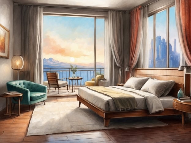 Auf dem Bild ist ein modernes Schlafzimmer zu sehen. Das Zimmer hat große Fenster, die einen Blick auf eine Stadt mit Wolkenkratzern und eine schöne Landschaft bieten. 

Ausstattung und Einrichtung umfasst:

- Ein großes Bett mit mehreren Kissen und einer Decke.
- Ein eleganter Sessel in Grün sowie ein Holzstuhl auf dem Balkon.
- Ein kleiner Tisch neben dem Sessel, auf dem eine Lampe steht.
- Ein Teppich auf dem Boden, der dem Raum eine gemütliche Atmosphäre verleiht.
- Vorhänge, die sanft im Wind wehen und eine warme Farbpalette haben.

Insgesamt vermittelt der Raum eine einladende und entspannende Stimmung.