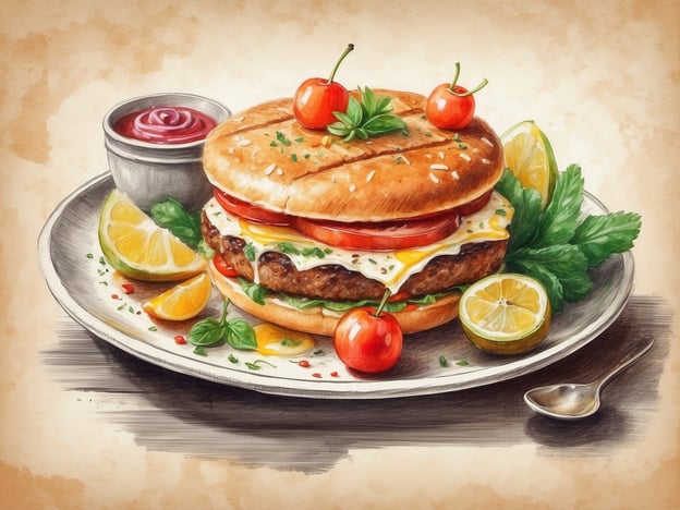 Auf dem Bild ist ein appetitlicher Hamburger zu sehen, der auf einem Teller angerichtet ist. Der Burger besteht aus einem weichen Brötchen, das mit Sesam bestreut ist, und enthält frische Zutaten wie Tomaten, eine Scheibe Käse und ein saftiges Patty. Daneben gibt es eine Portion Ketchup in einem kleinen Becher sowie einige Limetten- und Zitronenscheiben. Zusätzlich sind einige Kirschtomaten und frische Kräuter dekorativ auf dem Teller angeordnet. Dieses Bild vermittelt ein ansprechendes Gastronomieangebot für Burgerliebhaber.