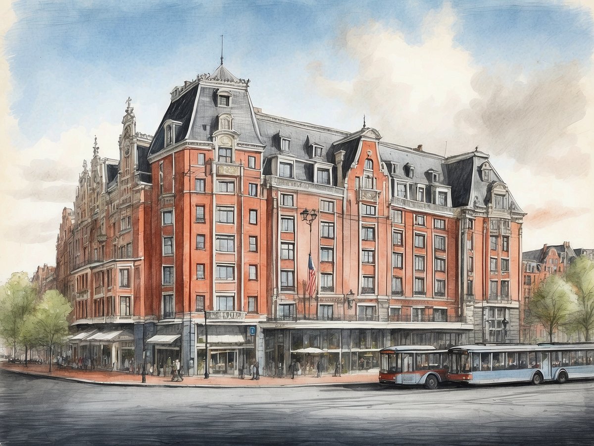 Das Bild zeigt das NH Hotelsow Amsterdam RAI in den Niederlanden. Das Gebäude ist aus roten Ziegeln mit einem eleganten Dach und kunstvollen Details an der Fassade gestaltet. Im Vordergrund sind mehrere Busse und Fußgänger zu sehen, während in der Umgebung Bäume und eine ruhige Straße zu erkennen sind. Der Himmel ist hell mit vereinzelten Wolken.