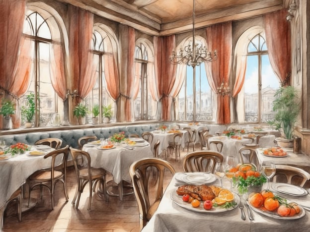 Auf dem Bild ist ein elegantes Restaurant zu sehen, das die Gastronomie im NH Hotel Berlin City Ost widerspiegelt. Der Raum ist hell und einladend, mit großen Fenstern, durch die viel Licht strömt. Die Tische sind festlich gedeckt, mit weißen Tischdecken, Blumenarrangements und köstlichen Gerichten. Man sieht verschiedene Speisen, darunter Fleisch und frisches Obst. Die Atmosphäre strahlt eine Mischung aus Komfort und gehobener Gastronomie aus, ideal für ein feines Essen oder einen besonderen Anlass.