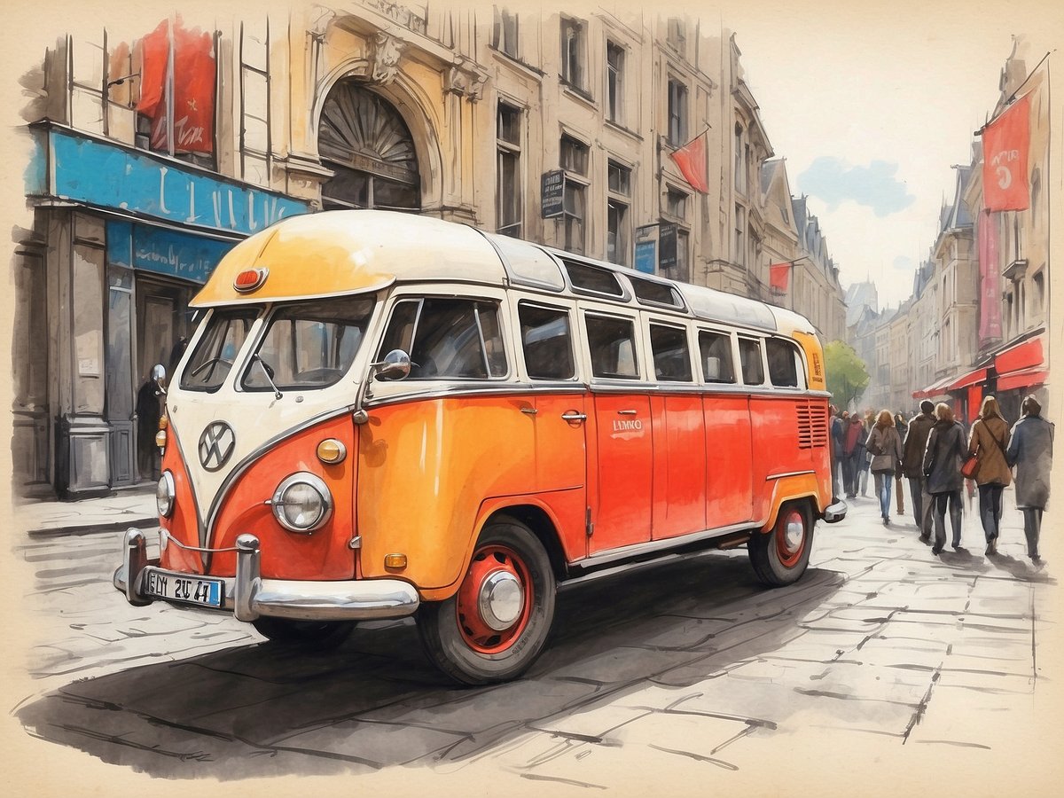 Ein orange-weißer Volkswagen Bus steht auf einer belebten Straße in einer Stadt. Der Bus hat große Fenster und ein nostalgisches Design. Im Hintergrund sind verschiedene Geschäfte und Menschen zu sehen, die die Straße entlanggehen. Die Architektur der Gebäude ist historisch und verleiht der Szene einen charmanten Charakter. Es ist ein klarer Tag, und die Atmosphäre wirkt lebhaft und einladend.