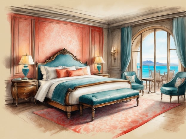 Auf dem Bild ist ein elegant eingerichtetes Zimmer zu sehen, das als Suite gestaltet ist. Der Raum verfügt über ein großes, stilvolles Bett mit einer blauen Kopflehne und farbigen Kissen. An den Wänden sind dekorative Elemente in sanften Farben zu erkennen. Neben dem Bett steht ein Nachttisch mit einer Lampe. 

Vor dem Bett befindet sich eine gepolsterte Bank. Große Fenster bieten einen beeindruckenden Blick auf das Wasser, und auf dem Balkon stehen zwei Stühle sowie ein Tisch, was eine einladende Atmosphäre schafft. Der Teppich auf dem Boden und die dekorativen Vorhänge tragen zur luxuriösen Stimmung des Zimmers bei.