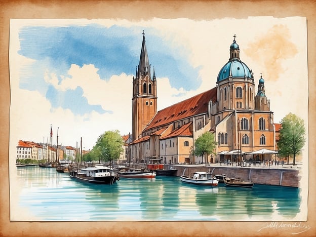 Auf dem Bild ist eine malerische Ansicht einer Stadt mit einem Wasserweg und Booten. Die beeindruckende Architektur deutet darauf hin, dass es sich um Wismar handelt, einer Stadt an der Ostsee. Besonders erkennbar sind die gotische St.-Georgen-Kirche mit ihrem hohen Turm und die farbenfrohen Fassaden der historischen Gebäude entlang des Hafens. Auch die beruhigende Atmosphäre des Wassers und die Bäume tragen zur charmanten Ansprache der Stadt bei. Dies ist typisch für die Hafenarchitektur von Wismar.