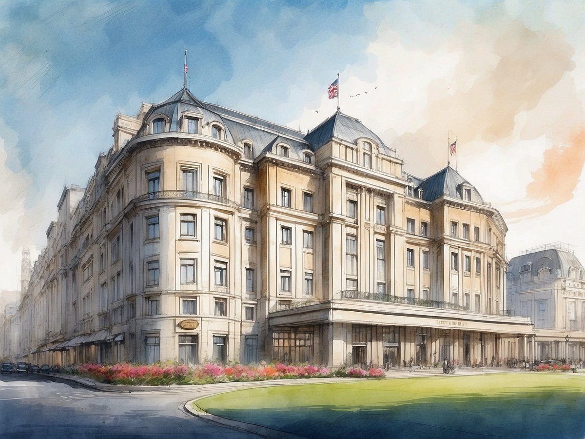 Eine elegante Hotelansicht des NH Hotels in London, Großbritannien. Das Gebäude hat eine beeindruckende, historische Architektur mit einem markanten, erkerartigen Ausschnitt und geschwungenen Linien. Die Fassade ist in warmen, hellen Farbtönen gehalten und wird von mehreren Fenstern akzentuiert. Über dem Eingang weht eine britische Flagge, während der gepflasterte Platz vor dem Hotel mit bunten Blumen geschmückt ist. Im Vordergrund ist eine grüne Rasenfläche zu sehen, die dem Gesamtbild eine einladende Atmosphäre verleiht.