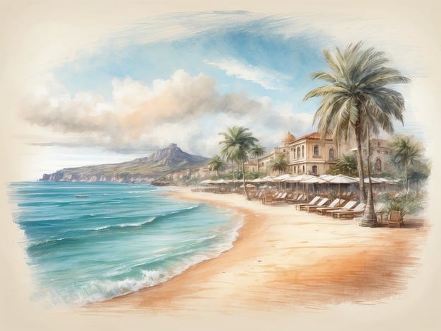 Auf dem Bild ist ein malerischer Strand mit Palmen zu sehen. Im Hintergrund erhebt sich ein Berg, der möglicherweise eine Sehenswürdigkeit in der Nähe darstellt. Ein schöner Ort, wie zum Beispiel die Küste von Andalusien oder einer der Strände auf der Insel Mallorca, könnte so aussehen. Solche Strände sind oft von historischen Villen oder Restaurants gesäumt, die den Charme der Region unterstreichen.