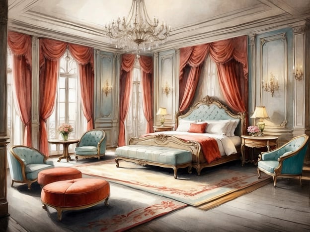 Auf dem Bild ist ein elegantes Hotelzimmer im klassischen Stil zu sehen. Die Ausstattung umfasst ein opulentes Kingsize-Bett mit einer geschwungenen Kopfteilgestaltung und luxuriöser Bettwäsche. An den Wänden hängen reich verzierte Vorhänge in warmen Rottönen, die eine einladende Atmosphäre schaffen. 

Es gibt auch gemütliche Sitzgelegenheiten: zwei geschmackvolle Sessel in Aqua und ein runder, gepolsterter Pouf in Orange, die um einen kleinen eleganten Tisch gruppiert sind. Der Raum ist zusätzlich mit einem schönen Kronleuchter und Wandleuchten ausgestattet, die für eine angenehme Beleuchtung sorgen. Ein Teppich verleiht dem Raum Wärme und Stil. Große Fenster lassen viel Licht herein und bieten einen Blick nach draußen. 

Insgesamt vermittelt das Zimmer einen Eindruck von Luxus und Komfort, ideal für einen entspannten Aufenthalt.