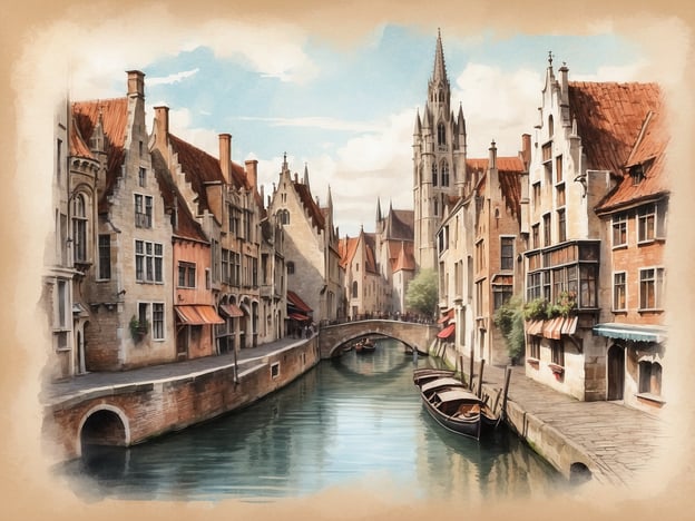 Auf dem Bild ist eine malerische Szene aus Brügge zu sehen, einer Stadt in Belgien, die bekannt ist für ihre historischen Kanäle und mittelalterliche Architektur. Die Bildkomposition zeigt hübsche, niedrigere Gebäude mit roten Dächern, die entlang eines ruhigen Kanals stehen, wo einige Boote angelegt sind. Im Hintergrund ist ein hoher Kirchturm zu sehen, der das Stadtbild prägt. Diese Szenerie vermittelt eine charmante und romantische Atmosphäre, die typisch für Brügge ist, eine Stadt, die oft als "Venedig des Nordens" bezeichnet wird.