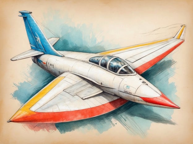 Auf dem Bild ist ein Flugzeug zu sehen, das eine futuristische und auffällige Gestaltung aufweist. Es hat eine breite, flugzeugtypische Form mit bunten Designs in Gelb, Rot und Blau. Der Hintergrund ist aquarellartig und vermittelt einen Eindruck von Luft oder Wasser. 

Die Ausstattung des Bildes vermittelt den Eindruck von technischer Raffinesse und Innovation. Es zeigt eine Kombination aus eleganten Linien und auffälligen Farben, die dem Flugzeug ein modernes und ansprechendes Aussehen verleihen.