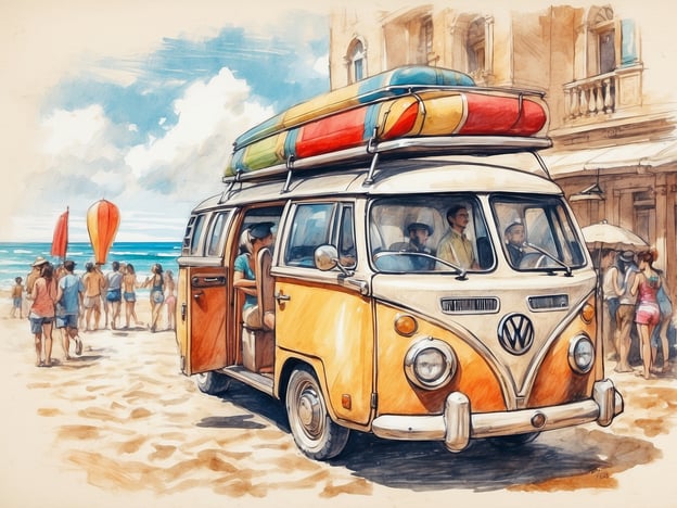 Auf dem Bild ist ein farbenfroher VW-Bus zu sehen, der am Strand parkt. Der Bus hat mehrere bunte Kanus oder Surfbretter auf dem Dach verstaut. Im Hintergrund ist ein Strand mit vielen Menschen, die sich entspannen, schwimmen oder Wassersport betreiben. Einige Personen scheinen innen im Bus zu sitzen, während andere am Strand herumspazieren. Diese Szene vermittelt ein Gefühl von Freizeit und Sommerunterhaltung, perfekt für einen Tag am Meer mit Aktivitäten wie Schwimmen, Surfen und Entspannen am Strand.