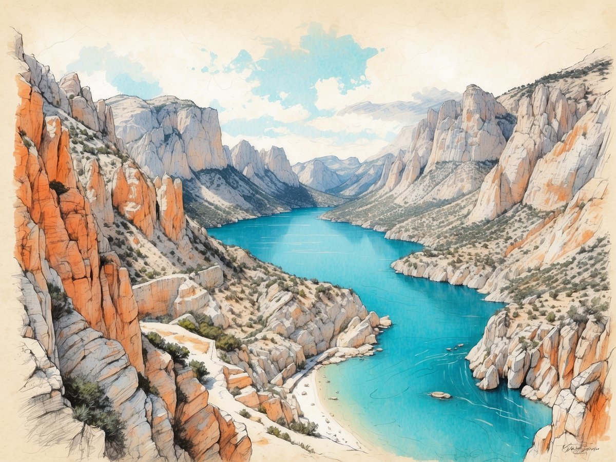 Eine atemberaubende Landschaft mit steilen, orangefarbenen Felsen, die sich entlang eines tiefblauen Wassers erstrecken. Die Berge im Hintergrund verleihen der Szene eine majestätische Kulisse, während das ruhige Wasser in der Bucht die Schönheit der Natur widerspiegelt. Diese Gegend zeigt typische Merkmale von Top Klettergebieten in Südfrankreich, ideal für Outdoor-Enthusiasten und Naturliebhaber. Der Himmel ist teilweise bewölkt, was das Licht sanft streut und die Farben intensiviert, wodurch ein friedliches und inspirierendes Ambiente entsteht.