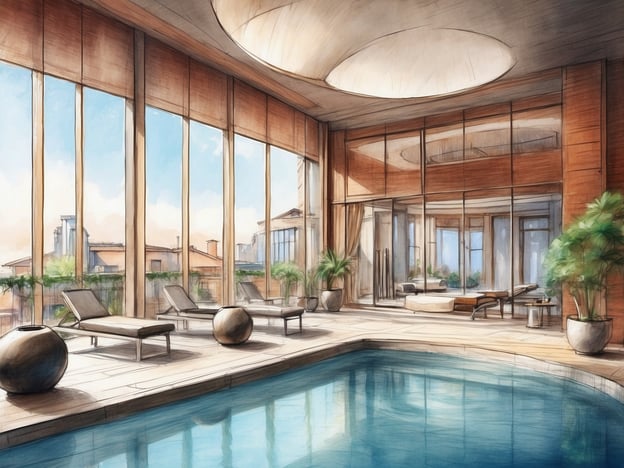 Auf dem Bild ist ein heller, einladender Wellnessbereich mit einem Pool zu sehen. Die großen Fenster sorgen für viel Tageslicht und bieten einen Blick auf die Umgebung. Die Liegen und einige Pflanzen schaffen eine entspannende Atmosphäre.

Im NH Hotels Budapest City können Gäste ähnliche Freizeit- und Wellnessangebote erwarten. Dazu gehören beispielsweise ein entspannender Wellnessbereich mit einem Pool, Sauna und Massageanwendungen, die ideal sind, um nach einem ereignisreichen Tag zu relaxen. Zudem gibt es Möglichkeiten für Sport und Fitness, die das Wohlbefinden der Gäste fördern.