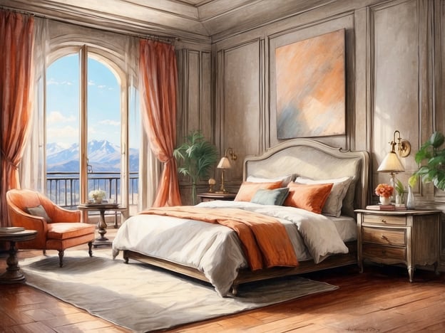 Auf dem Bild ist ein wunderbar eingerichtetes Schlafzimmer zu sehen. Das Zimmer hat große Fenster, die einen fantastischen Blick auf die Berge bieten. Die Wände sind elegant gestaltet, mit einem großen Gemälde über dem Bett. 

Die Ausstattung umfasst ein großes Bett mit gemusterten Kissen und einer Decke, die in warmen Orangetönen gehalten ist. Neben dem Bett stehen Nachttische mit Lampen. Es gibt einen gemütlichen Sessel in einem kräftigen Orange und einen kleinen Tisch. Ein Teppich sorgt für zusätzlichen Komfort, und grüne Pflanzen bringen Frische in den Raum. Die Atmosphäre wirkt einladend und harmonisch.