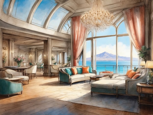 Auf dem Bild ist ein elegantes Wohnzimmer in einem luxuriösen Hotel oder einer Residenz zu sehen. Es zeichnet sich durch große Fenster aus, die einen atemberaubenden Blick auf das Wasser und die Berge bieten. Der Raum ist mit stilvollen, komfortablen Möbeln ausgestattet, darunter ein großes Sofa und mehrere Sitzgelegenheiten. 

**Service und Annehmlichkeiten:**

- **Atemberaubende Ausblicke:** Die großen Fenster ermöglichen einen hervorragenden Blick auf die Umgebung.
- **Elegantes Design:** Die Einrichtung ist geschmackvoll und luxuriös, ideal für entspannende Stunden.
- **Bequeme Sitzgelegenheiten:** Die Möbel sind so gestaltet, dass sie Komfort und Stil bieten.
- **Lichtdurchflutet:** Der Raum hat eine helle und einladende Atmosphäre, unterstützt durch Tageslicht.
- **Dekorative Elemente:** Blumenvasen und kühlende Farbtöne schaffen eine angenehme und entspannende Umgebung.

Insgesamt vermittelt der Raum ein Gefühl von Exklusivität und Komfort, ideal für Gäste, die Erholung und erstklassigen Service suchen.