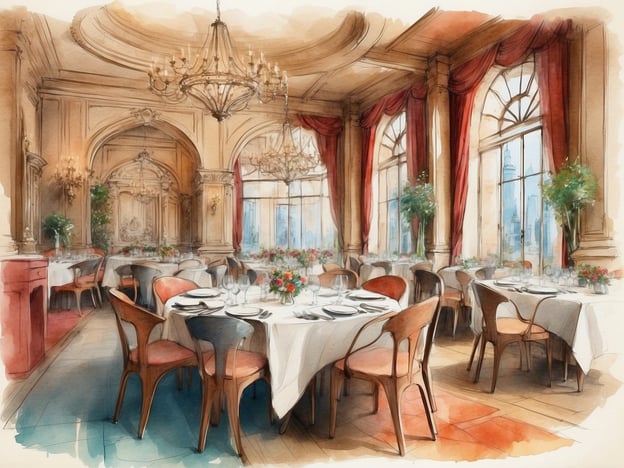 Auf dem Bild ist ein elegantes Restaurant zu sehen. Der Raum ist geschmackvoll eingerichtet mit liebevoll gedeckten Tischen, die mit weißen Tischdecken und dem passenden Geschirr ausgestattet sind. Die Wände sind kunstvoll gestaltet und große Fenster lassen viel Licht herein, was eine warme Atmosphäre schafft. Dekorative Pflanzen und Blumen verleihen dem Raum eine einladende Note. Die stilvolle Einrichtung und die luxuriöse Atmosphäre deuten darauf hin, dass hier besondere kulinarische Erlebnisse angeboten werden, möglicherweise gehobene Küche oder feierliche Anlässe.