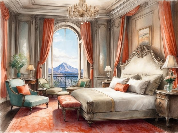 Auf dem Bild ist eine elegante Suite zu sehen. Das Zimmer ist geschmackvoll eingerichtet mit einem großen, bequemen Bett, einem eleganten Sessel und einem stilvollen Tisch. Die Fenster bieten einen herrlichen Blick auf eine Berglandschaft, und die Vorhänge sowie die Teppiche verleihen dem Raum eine warme und einladende Atmosphäre. Ein Kronleuchter sorgt für zusätzliches Licht und Eleganz in der Suite.