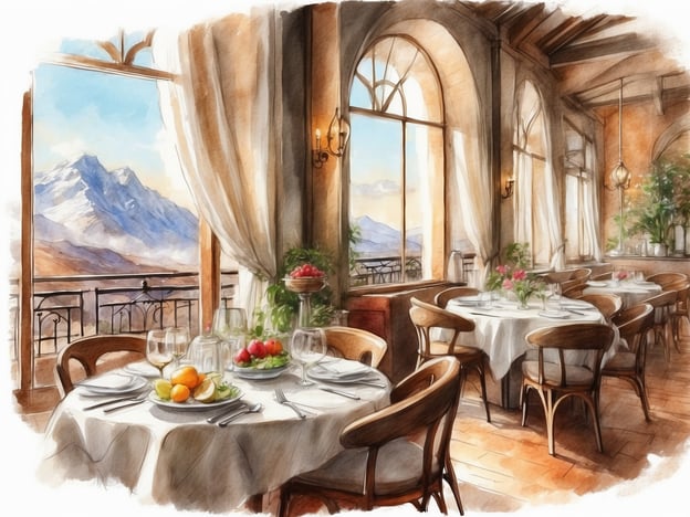 Auf dem Bild ist ein elegantes Dining-Erlebnis in einem Restaurant zu sehen. Die Tische sind schön gedeckt, und es gibt frisches Obst sowie Blumen auf den Tischen. Durch die großen Fenster hat man einen atemberaubenden Blick auf die Berge und die Natur. Die warmen Farbtöne und die gemütliche Einrichtung schaffen eine einladende Atmosphäre, die zum Genuss von Speisen und zur Entspannung einlädt.