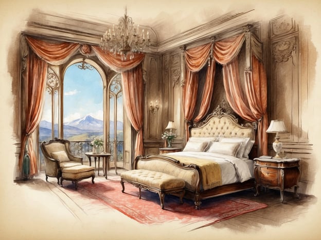 Auf dem Bild ist ein elegantes Schlafzimmer zu sehen, das eine luxuriöse Einrichtung aufweist. Die Wände sind reich verziert, und große Fenster mit blickdichten Vorhängen bieten einen malerischen Ausblick auf eine bergige Landschaft. Das Zimmer ist mit einem großen, bequemen Bett, einem eleganten Sofa und kleinen Tischen ausgestattet, was eine gemütliche und raffinierte Atmosphäre schafft.

Das NH Hotel Caltagirone Villa San Mauro ist bekannt für seine stilvolle Ausstattung und den atemberaubenden Ausblick auf die umliegende Landschaft. Es bietet eine Mischung aus modernem Komfort und traditionellem Design, ideal für Reisende, die Entspannung und Eleganz suchen. Die Zimmer sind geräumig und geschmackvoll eingerichtet, oft mit schönen Blickfenstern, die den Gästen einen Eindruck von der malerischen Umgebung bieten.