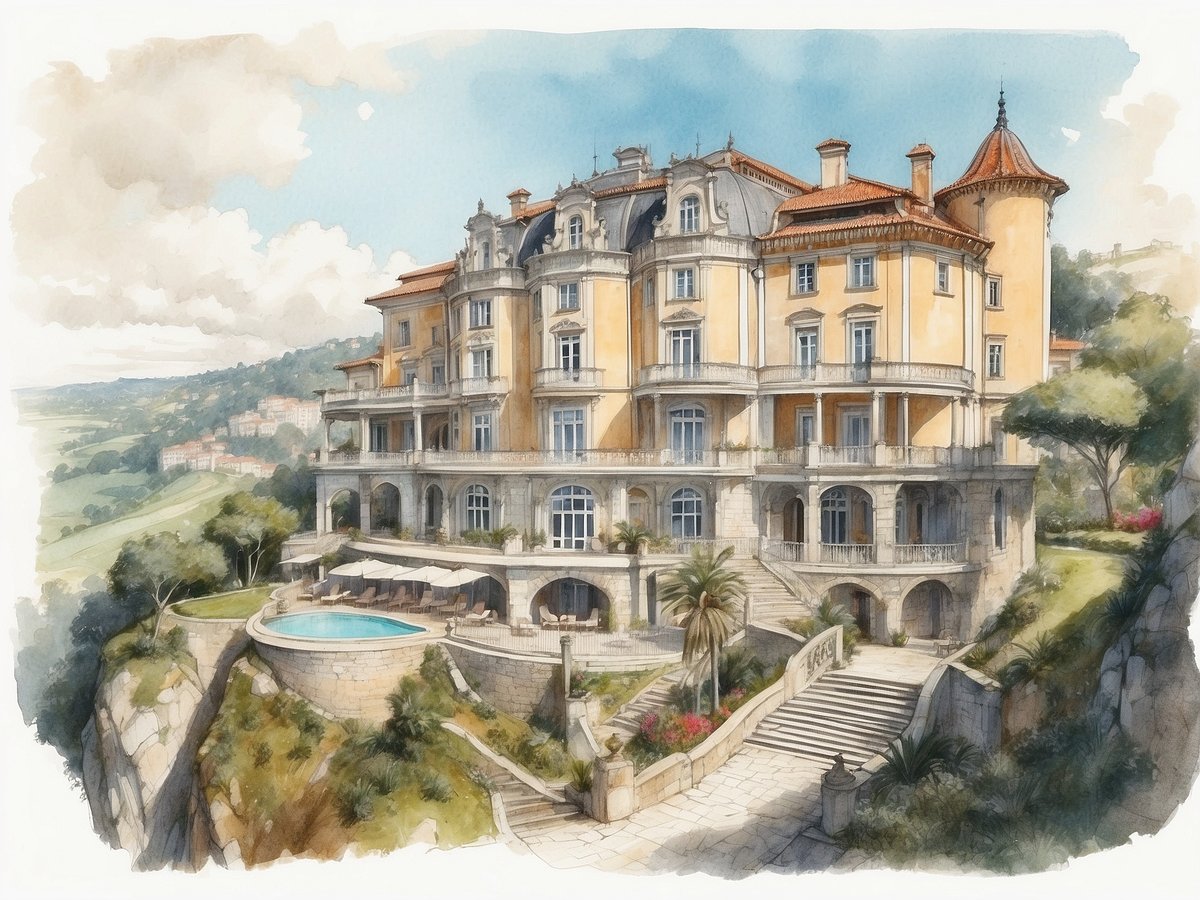 Historisches Gebäude des NH Hotels in Sintra, Portugal, mit eleganter Fassade und mehreren Stockwerken. Das Hotel liegt malerisch auf einem Hügel, umgeben von üppiger Vegetation. Im Vordergrund befindet sich ein Swimmingpool mit Liegen, umgeben von tropischen Pflanzen. Die Architektur kombiniert historische Elemente mit modernen Annehmlichkeiten, während die Landschaft eine atemberaubende Aussicht auf die umliegenden Hügel bietet. Der Himmel ist leicht bewölkt, was eine entspannte Atmosphäre vermittelt.