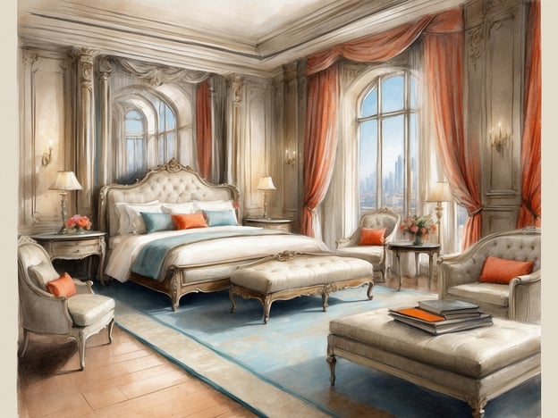 Auf dem Bild ist ein elegantes Schlafzimmer zu sehen, das als Suite gestaltet ist. Es verfügt über ein großes, opulentes Bett mit weißen und türkisfarbenen Kissen sowie einen gepolsterten Hocker. Die Wände sind geschmackvoll dekoriert, und große Fenster bieten einen Blick auf die Stadt. Rote Vorhänge und stilvolle Möbelstücke, wie bequeme Sessel und kleine Beistelltische mit lampen, tragen zur luxuriösen Atmosphäre des Zimmers bei. Ingesamt vermittelt der Raum ein Gefühl von Komfort und Eleganz.