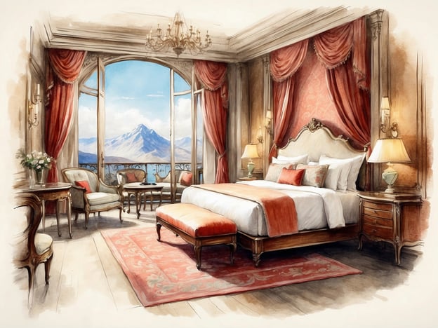 Auf dem Bild ist ein elegantes Hotelzimmer zu sehen, das in einem klassischen Stil eingerichtet ist. Der Raum ist lichtdurchflutet und bietet eine beeindruckende Aussicht auf die Berge und das Wasser durch große Fenster.

Zu den Annehmlichkeiten und Services des Hotels könnten folgende Punkte zählen:

- **Luxuriöses Mobiliar:** Das Zimmer verfügt über ein großes, bequemes Bett und stilvolle Möbel, die für einen höchsten Komfort sorgen.
- **Aussicht:** Die riesigen Fenster ermöglichen einen atemberaubenden Blick auf die umliegende Landschaft, ideal für entspannende Momente.
- **Klimatisierung:** Für eine angenehme Raumtemperatur ist das Zimmer wahrscheinlich klimatisiert.
- **Zimmerservice:** Rund-um-die-Uhr Zimmerservice sorgt dafür, dass Gäste jederzeit kulinarische Wünsche erfüllt bekommen.
- **Elegante Badezimmer:** In einem solchen Hotelzimmer wäre ein hochwertiges Badezimmer mit edlen Accessoires und Möglichkeiten zur Entspannung zu erwarten.
- **WLAN:** Kostenloses WLAN würde den Gästen die Verbindung zur Außenwelt erleichtern.

Insgesamt vermittelt der Raum ein Gefühl von Luxus und Gastfreundschaft, perfekt für einen erholsamen Aufenthalt.