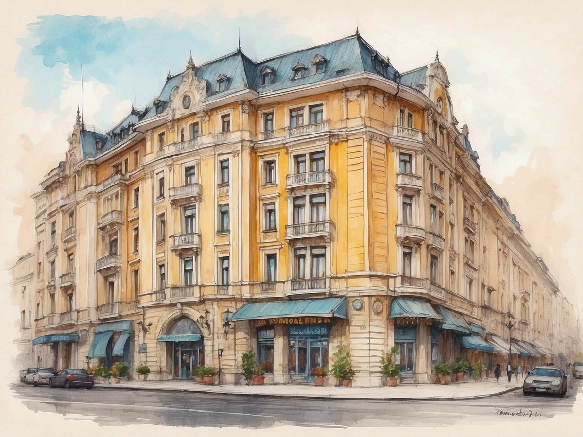 Das Bild zeigt die elegante Außenansicht des NH Hotels in Timișoara, Rumänien. Das Gebäude hat eine auffällige gelbe Fassade mit mehreren Fenstern und Balkonen. Der Eingangsbereich ist mit einer bogenförmigen Kante gestaltet, und die Fenster sind mit grünen Markisen ausgestattet. Vor dem Hotel sind einige Pflanzen in Blumentöpfen zu sehen, sowie Fahrzeuge auf der Straße. Der Himmel im Hintergrund ist in sanften Blau- und Beigetönen gehalten, was dem Bild eine ruhige Atmosphäre verleiht.