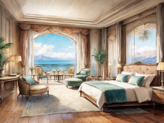 Auf dem Bild ist ein luxuriöses Schlafzimmer mit einer beeindruckenden Aussicht zu sehen. Die Ausstattung umfasst ein bequemes, großes Bett mit eleganter Bettwäsche in sanften Farben. Neben dem Bett steht ein stilvoller Nachttisch. 

In der Ecke des Raumes befinden sich bequeme Sitzmöbel, einschließlich eines Sessel und eines Hockers, die mit weichen Kissen dekoriert sind. Ein großzügiger Teppich liegt auf dem Holzboden und verleiht dem Raum eine warme Atmosphäre. Die großen Fenster ermöglichen einen atemberaubenden Blick auf die Landschaft mit Bergen und Wasser, und sie sind mit eleganten Vorhängen ausgestattet. 

Zusätzlich gibt es eine kleine Sitzecke mit einem Tisch und Stühlen, ideal für Entspannung oder kleine Mahlzeiten. Die Raumbeleuchtung wird durch anmutige Lampen ergänzt, die für eine einladende Stimmung sorgen. Gesamt vermittelt der Raum ein Gefühl von Luxus und Komfort.