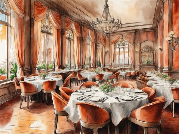 Auf dem Bild ist ein elegantes Restaurant zu sehen, das in warmen Farben und mit ansprechendem Design gehalten ist. Die Tische sind mit weißem Tischdecken gedeckt und schön dekoriert, möglicherweise mit Blumenarrangements. Licht strömt durch große Fenster, was eine einladende Atmosphäre schafft. 

Das Ambiente wirkt besonders feierlich und bietet einen idealen Rahmen für besondere Anlässe oder romantische Dinner. Solche Restaurants sind oft bekannt für hochwertige kulinarische Erlebnisse, die exquisite Gerichte und anspruchsvolle Weine anbieten. Hier könnte man ein mehrgängiges Menü genießen oder an einem besonderen Event teilnehmen, das die Sinne anspricht.