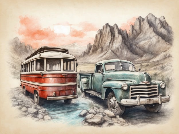 Auf dem Bild sind ein roter Bus und ein grüner Pickup-Truck in einer malerischen Landschaft mit Bergen zu sehen. Diese Fahrzeuge könnten für verschiedene Freizeitaktivitäten genutzt werden, wie zum Beispiel:

1. **Roadtrip**: Beide Fahrzeuge eignen sich hervorragend für einen Roadtrip durch die Natur.
2. **Camping**: Der Bus könnte als mobiler Campingplatz verwendet werden, während der Pickup-Truck für das Transportieren von Campingausrüstung ideal wäre.
3. **Fotografie**: Die beeindruckende Landschaft bietet tolle Fotomotive für Natur- und Reisefotografie.
4. **Picknick**: Die Umgebung lädt zu einem entspannten Picknick ein, ideal für Freunde oder Familien.
5. **Ausflüge**: Diese Fahrzeuge könnten für Ausflüge in schöne Naturgebiete oder zu historischen Stätten benutzt werden. 

Die Szene vermittelt ein Gefühl von Abenteuer und Naturerlebnis.