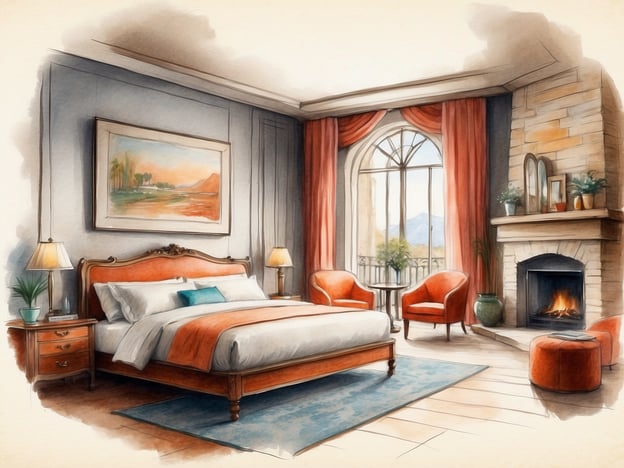 Auf dem Bild ist ein geschmackvoll eingerichtetes Schlafzimmer zu sehen. Die Ausstattung umfasst ein großes, bequemes Bett mit einer eleganten Kopfstütze, das mit weißen Kissen und einer orangenen Decke dekoriert ist. Neben dem Bett steht ein Nachttisch mit einer Lampe. 

Das Zimmer hat große Fenster mit roten Vorhängen, die für eine helle und einladende Atmosphäre sorgen. In der Ecke stehen zwei bequeme, orangefarbene Sessel, die um einen kleinen Tisch gruppiert sind. An einer Wand befindet sich ein Kamin, der eine gemütliche Stimmung verbreitet, sowie einige Pflanzen und Dekorationsobjekte auf der Ablage darüber. Ein Gemälde hängt an der Wand, was dem Raum einen persönlichen Touch verleiht. Der Boden ist mit einem weichen Teppich in Blau ausgelegt, der zusätzliches Komfort bietet.