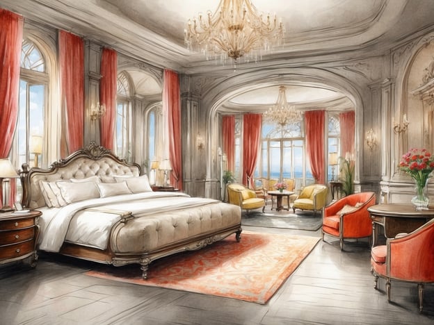 Auf dem Bild ist ein luxuriöses Schlafzimmer zu sehen, das elegant eingerichtet ist. Es gibt ein großes, stilvolles Bett mit einer gepolsterten Kopfteil, umgeben von verschiedenen Möbeln. 

Besondere Annehmlichkeiten umfassen:

- **Bequeme Sitzgelegenheiten**: Zwei gemütliche Sessel und ein kleiner Tisch bieten eine entspannte Ecke zum Lesen oder Genießen eines Drinks.
- **Fenster mit Aussicht**: Die großen Fenster sorgen für viel Tageslicht und bieten einen wunderschönen Blick.
- **Kunstvolle Dekoration**: Die Wände sind mit eleganten Vorhängen und kunstvollen Leuchtern geschmückt, was dem Raum eine gehobene Atmosphäre verleiht.
- **Blumendekoration**: Ein schöner Blumenstrauß auf dem Tisch bringt Farbe und Frische in den Raum.

Dieser Raum vermittelt eine einladende und luxuriöse Umgebung, die zum Entspannen und Wohlfühlen einlädt.