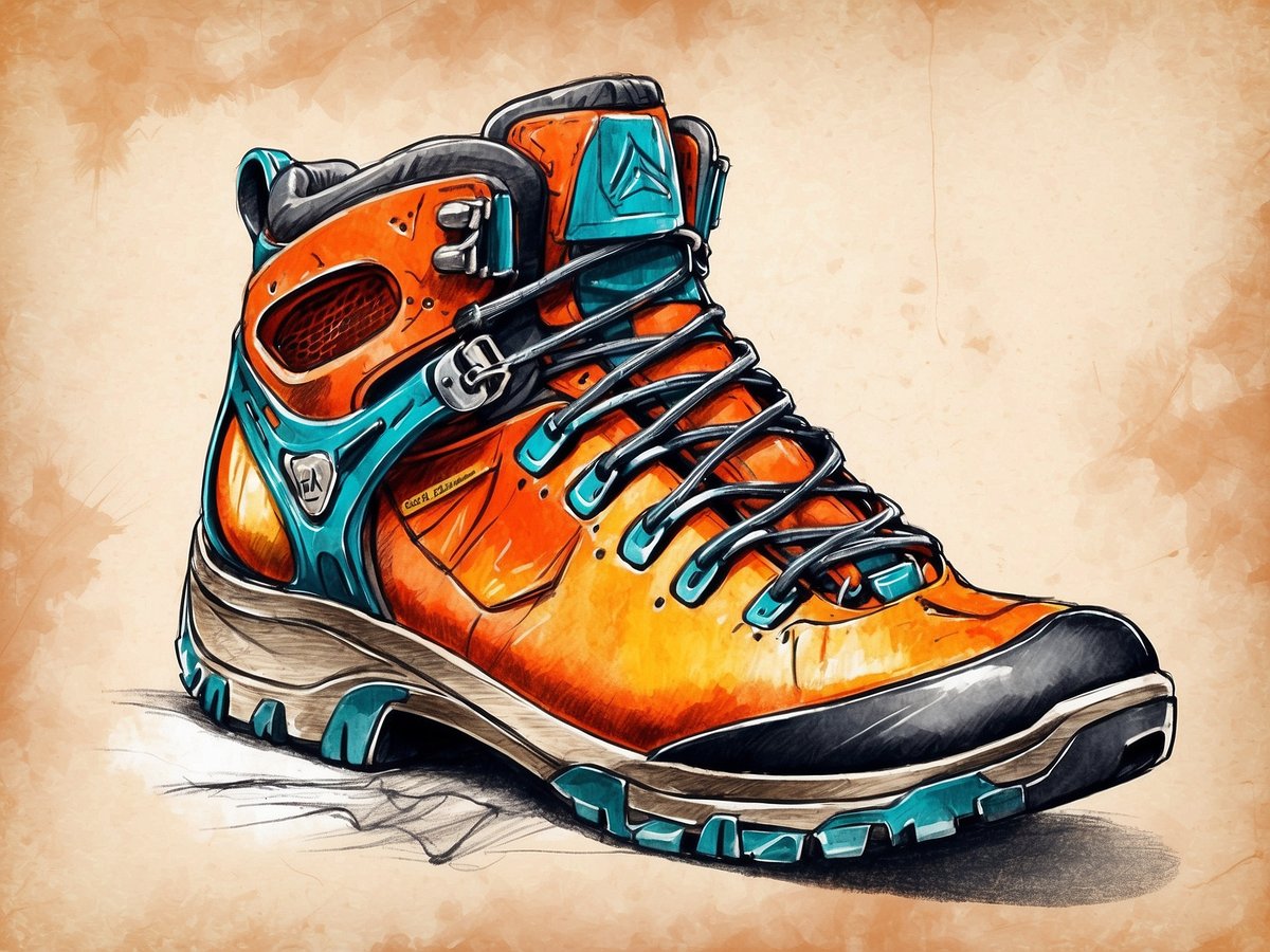 Ein technischer Kletterschuh ist abgebildet, der in leuchtenden Orangetönen gestaltet ist. Der Schuh verfügt über eine robuste Sohle mit griffigem Profil und ist an der Ferse sowie an den Seiten mit blauen und schwarzen Details versehen. Die Schnürung läuft bis zur oberen Klappe und ist durch stabile Ösen gesichert. Der Schuh sieht strapazierfähig und für anspruchsvolle alpine Aktivitäten geeignet aus. Der Hintergrund ist neutral und hebt die Farben und Details des Schuhs hervor.